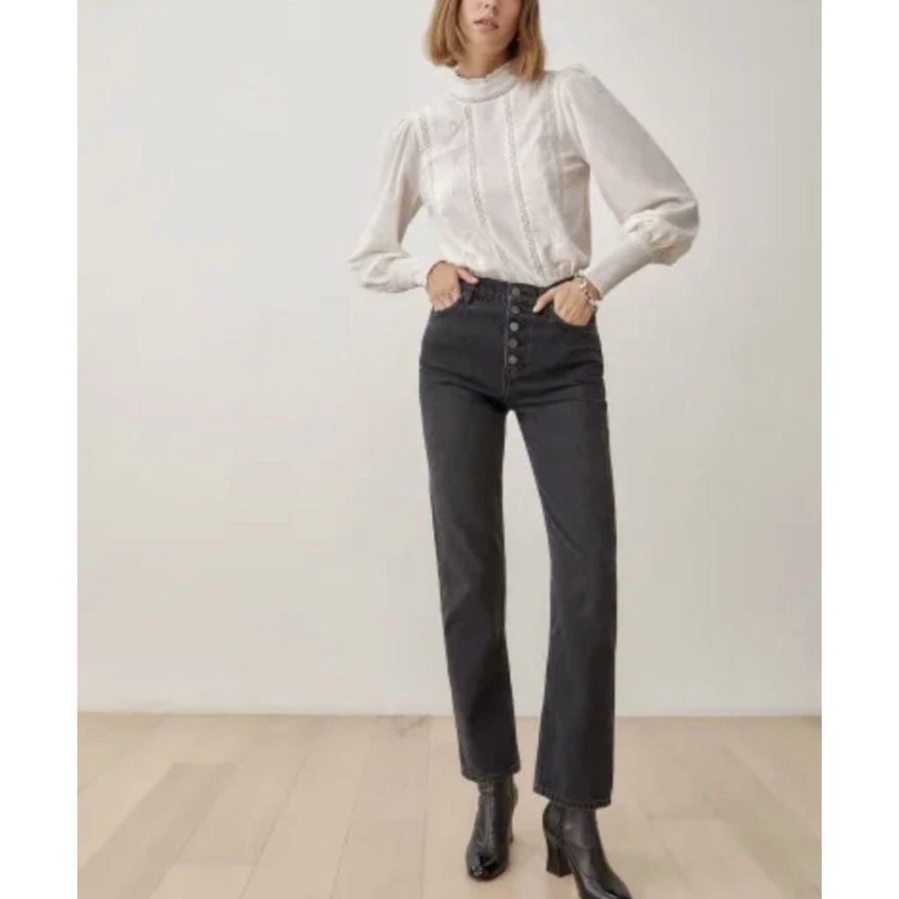 Reformation Cynthia Button Fly High Rise Straight Jeans in black size 25